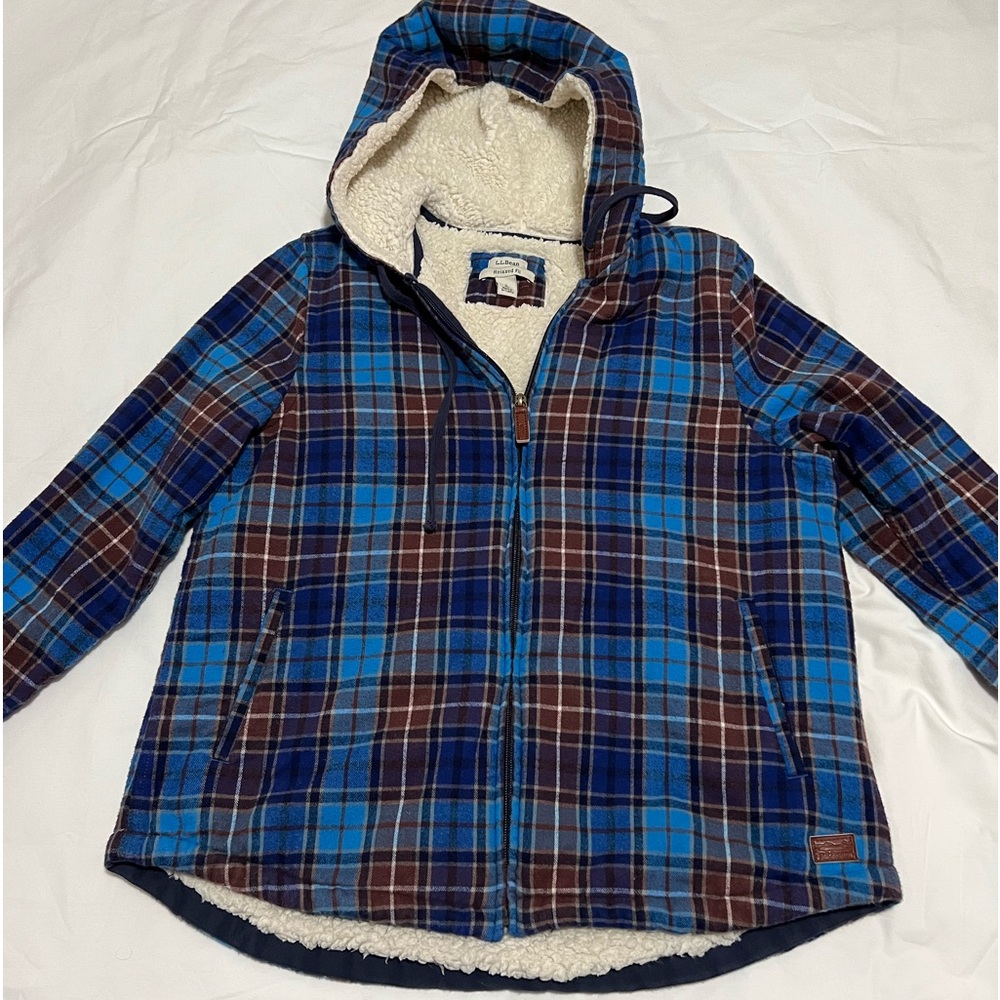 L.L. Bean Women's Scotch Relaxed Fit Blue Plaid Flannel Sherpa-Lined Zip Hoodie